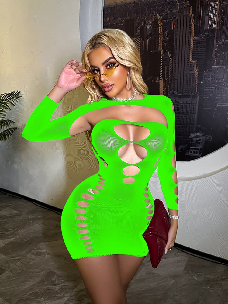 Sexy Lingerie Long Sleeve Lace-Up Bodycon Dress See-Through Mesh Set W843