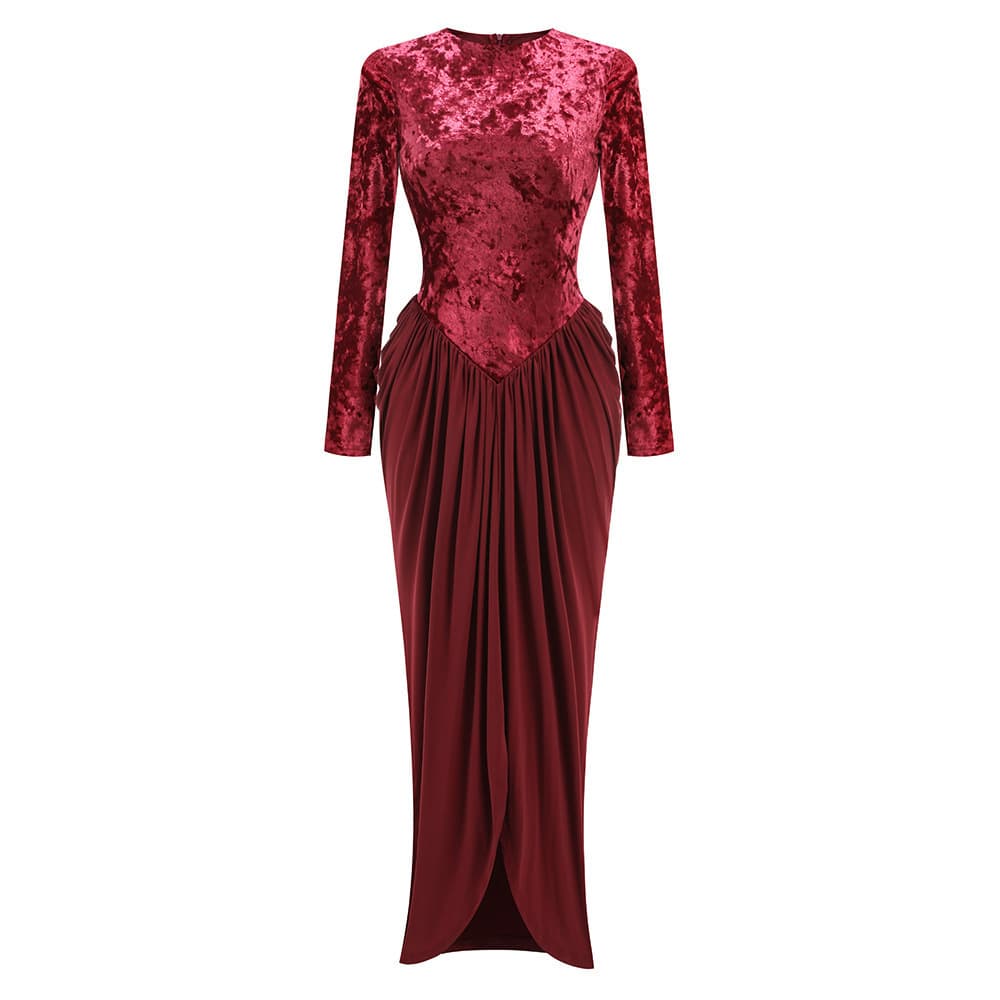 2026 Spring/Summer New European and American Women's Velvet Waist-Cinching Round Neck Patchwork Long-Sleeve Sexy Long Dress Evening Gown