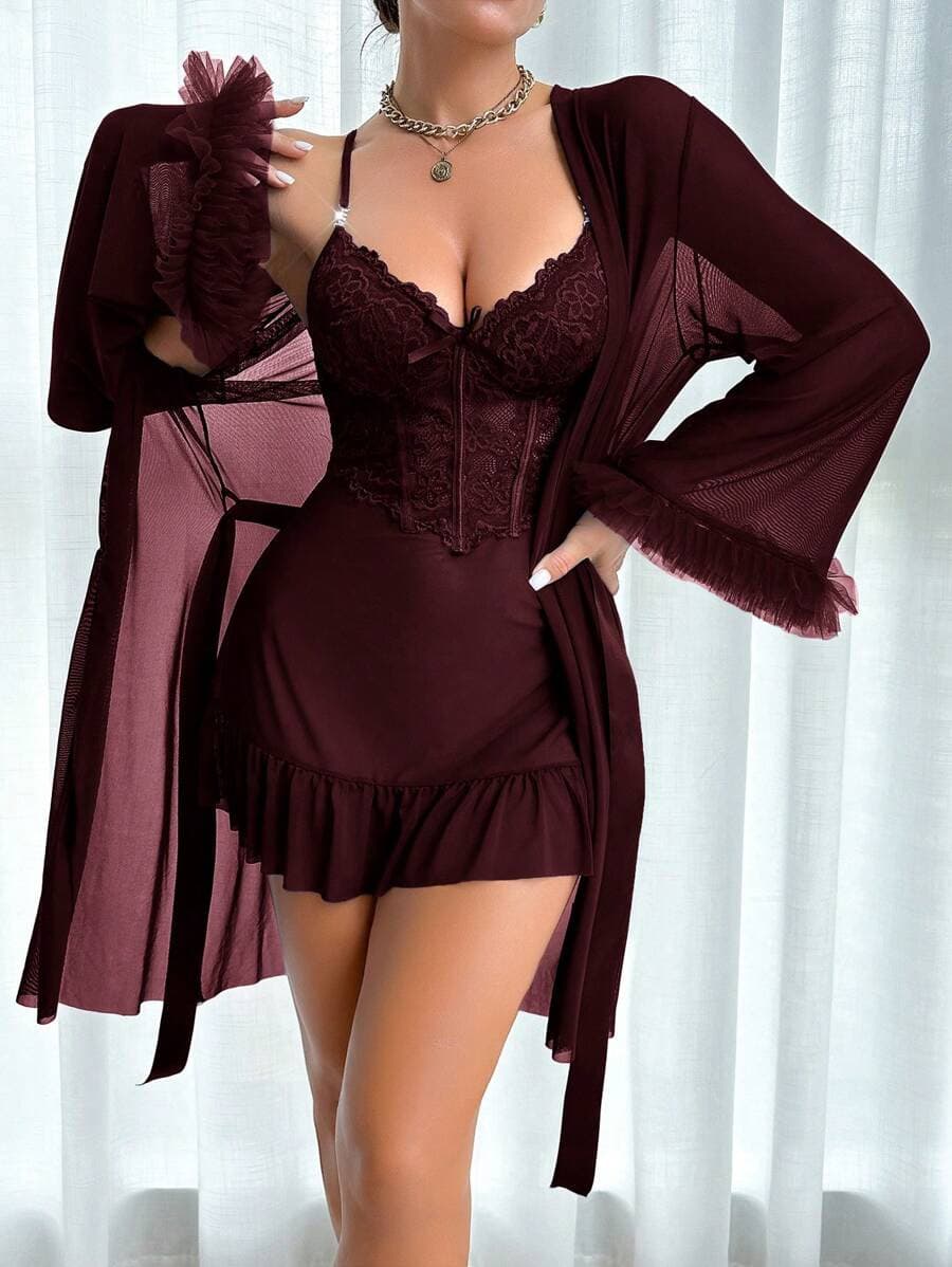 Yimenglan Cross-border Women's Sexy Lingerie Robe, Lace See-through Seductive Nightgown with Lace Trim and Strap Set