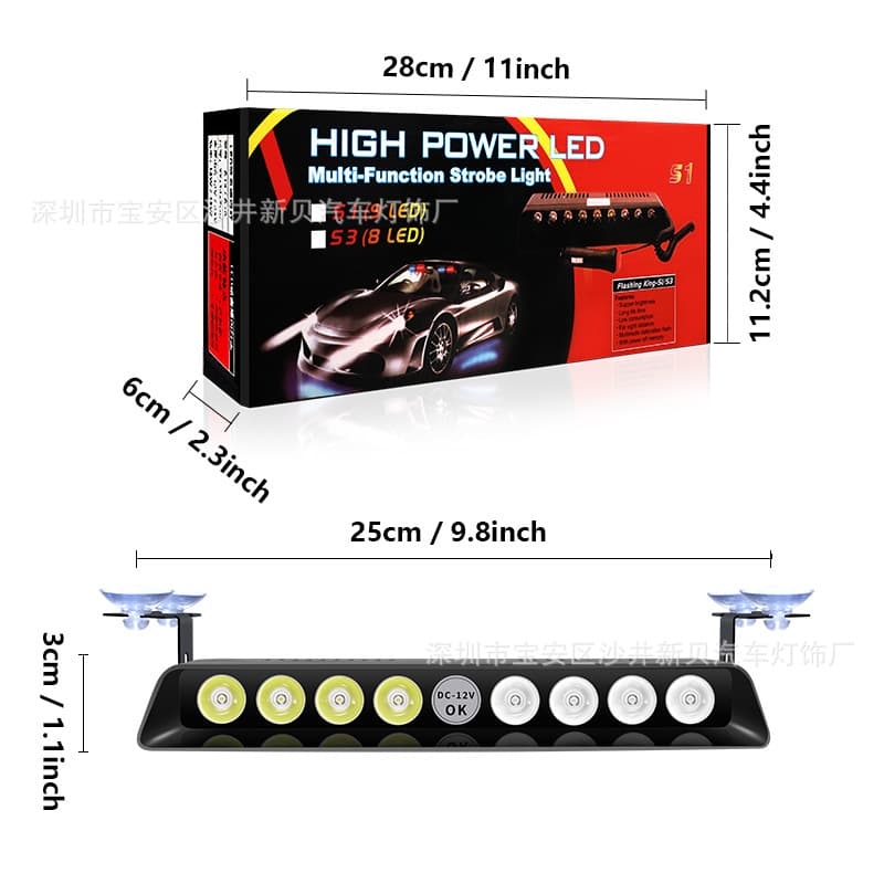 New High Brightness S3 8LED Car LED Front Windshield Suction Cup Strobe Light Shovel Light Escort Light Flashing Light