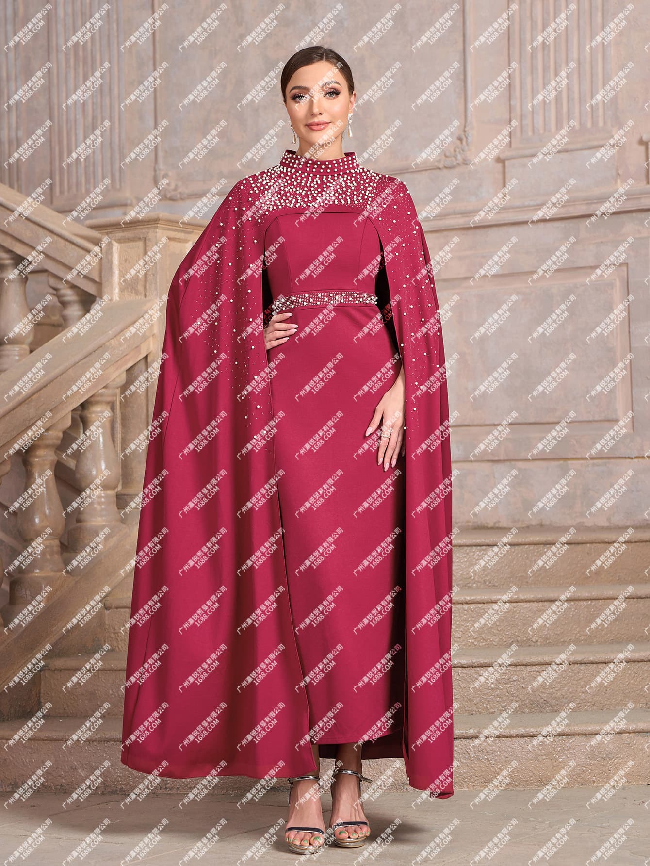 2024 Wine Red Extra Long Sleeve Beaded Rhinestone Loose Women's Dress