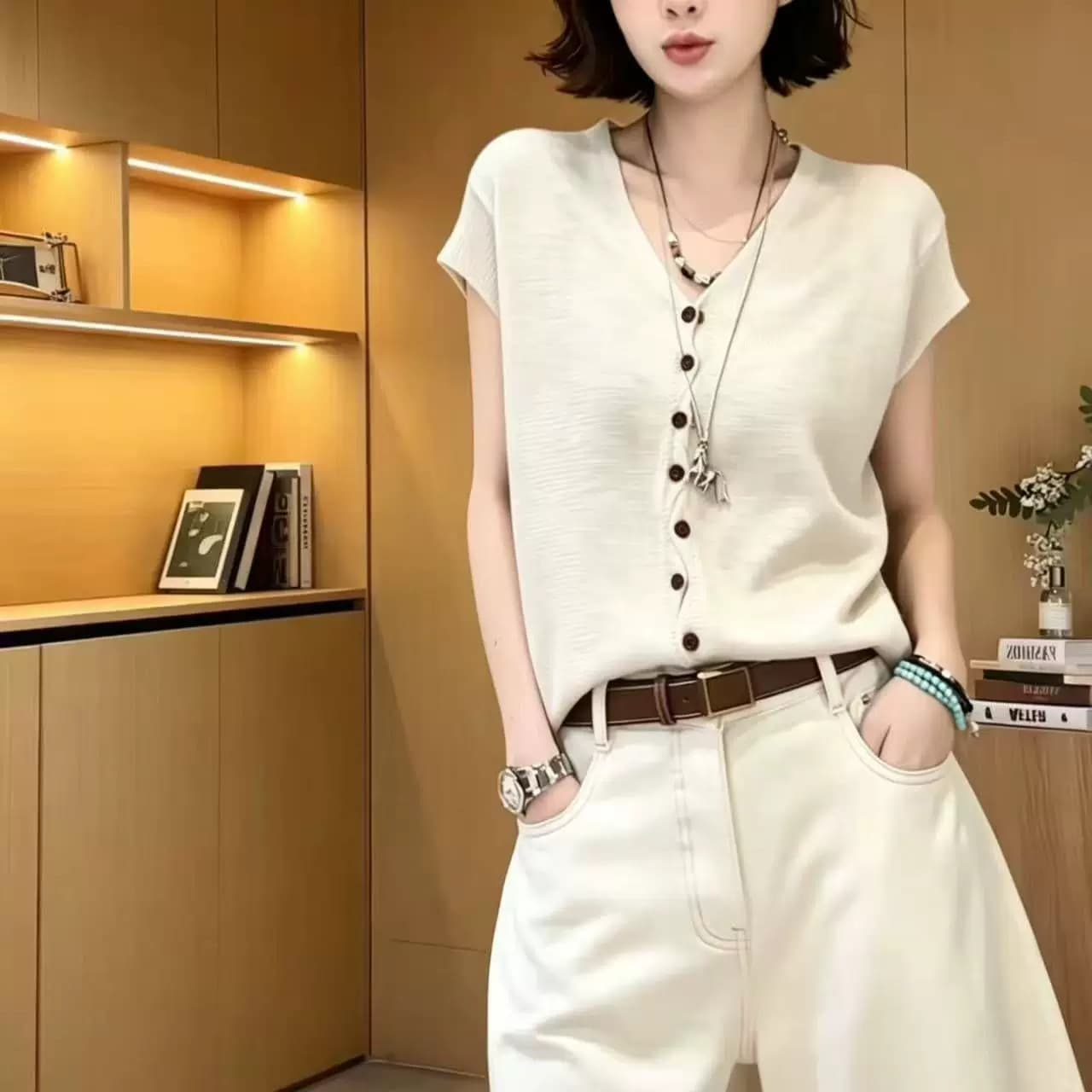 Korean Style Relaxed Knit Cardigan Summer Single-Breasted V-Neck Sheer Slim Lazy Open Front Top for Women