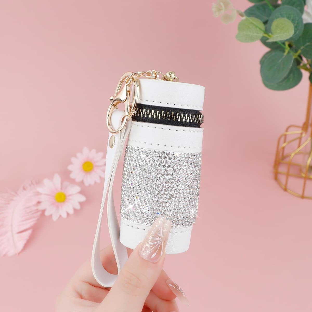 Rhinestone Keychain Light Luxury Mini Rhinestone Small Bag Pendant Cylinder Bag with Scarf Key Bag