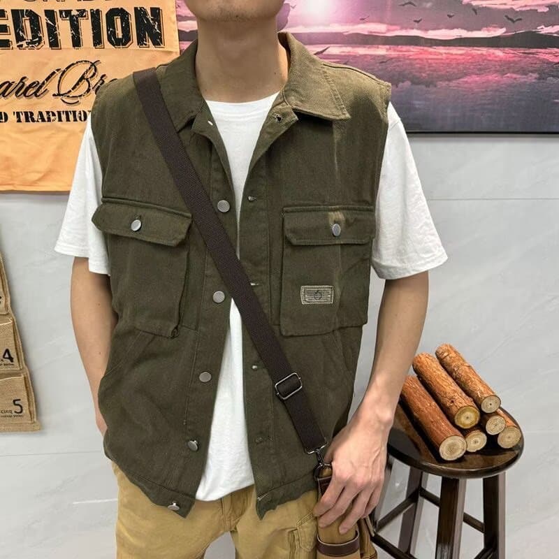 Japanese Vintage Multi-Pocket Work Vest, Men's, Loose, Streetwear
