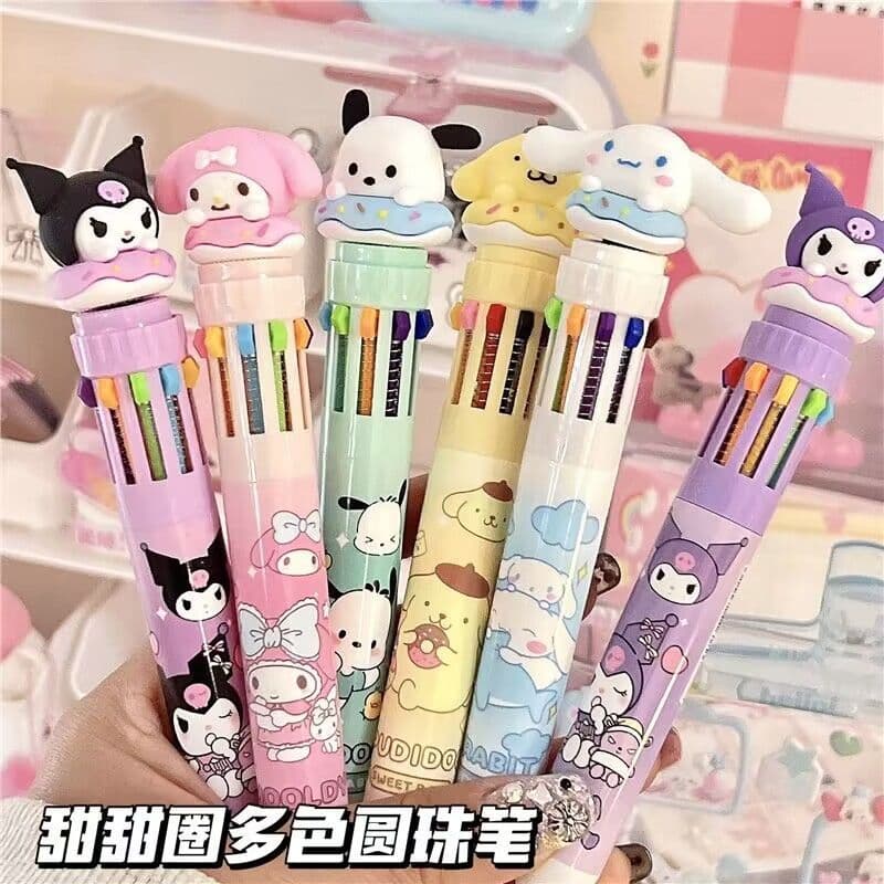 10-Color Ballpoint Pen Cartoon Multi-Color Press Ins Colorful Student Journal Multifunctional Multi-Color Gel Pen