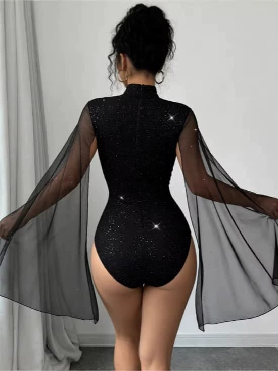 European American 2026 Spring Autumn Sexy Fashion Sequined Lantern Sleeve Bodysuit Women