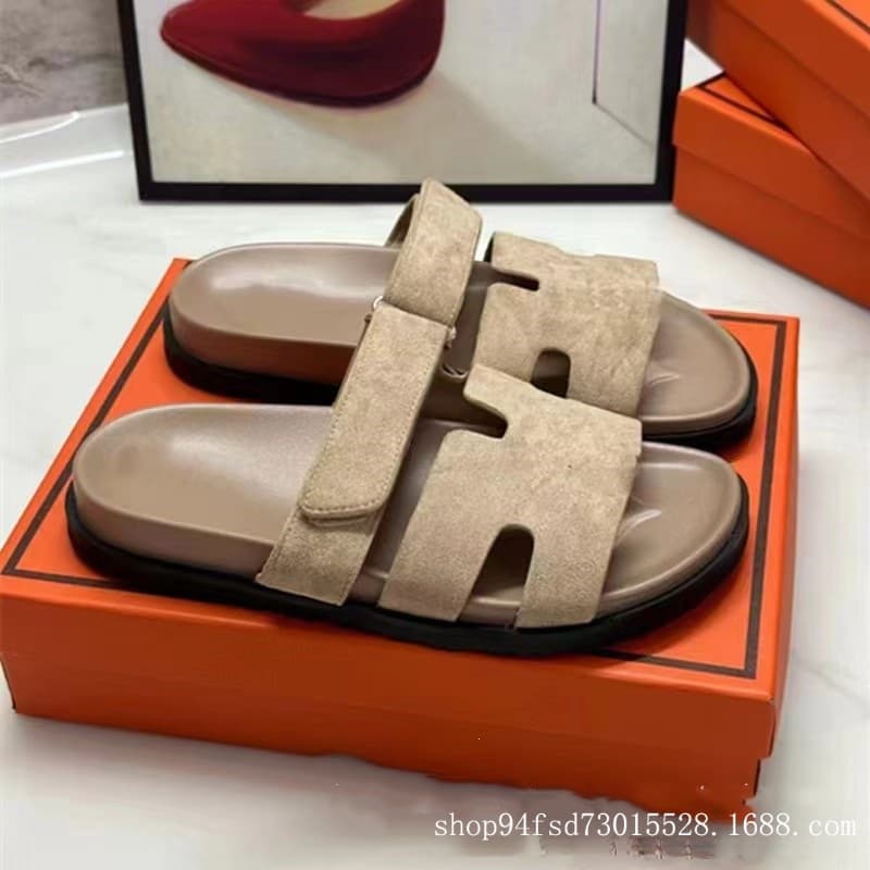 New High-Version Velcro H-Slide Sandals for Women, Versatile Thick-Soled Summer Beach Sandals, Genuine Leather, Erjiu Slides