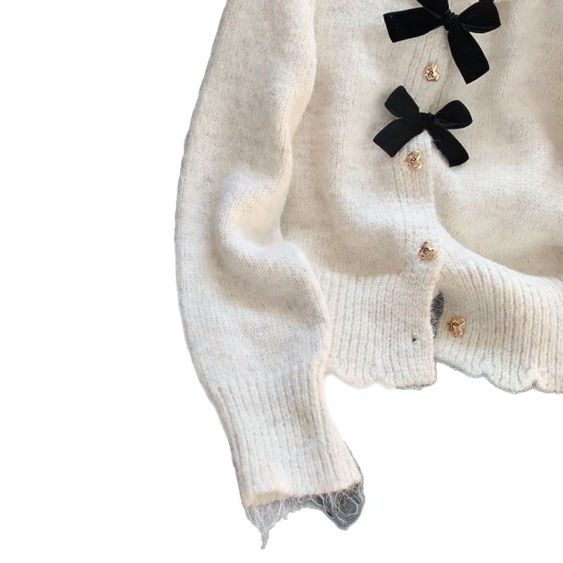 French Style Bow Soft Knit Cardigan for Women Korean Round Neck Top