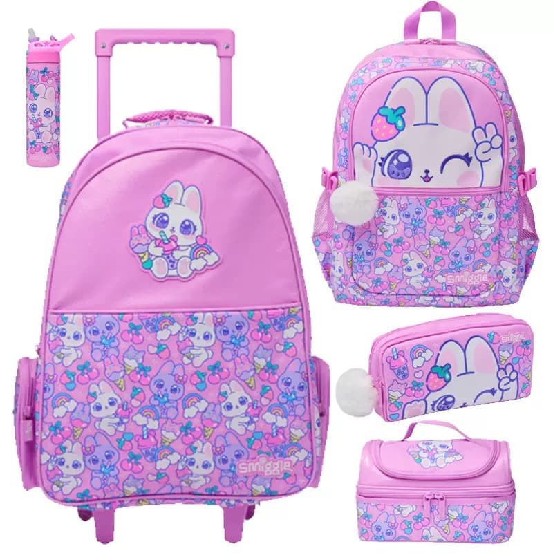 Australia Smiggle Large Rolling Backpack Pink Bunny Elementary School Student Rolling Backpack Children Travel Backpack