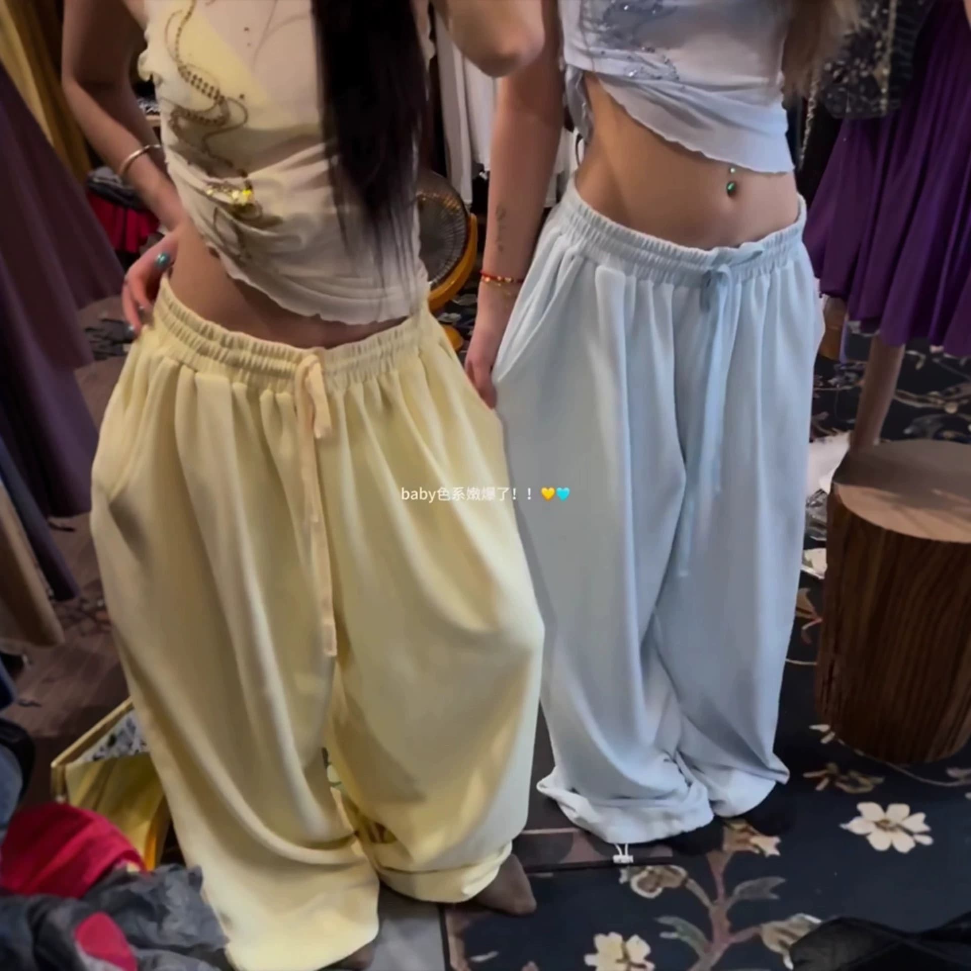 American-style Flash Rhinestone Hip-Hop Wide-Leg Pants for Women, Drawstring Draped Jazz Dance Pants, Casual Fashion Sports Long Pants