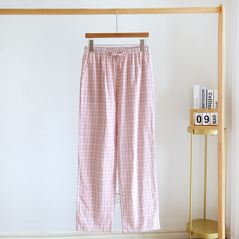 Couple Sleep Pants Women's Cotton Gauze Long Pants Summer Thin Japanese Plaid Home Pants Men's