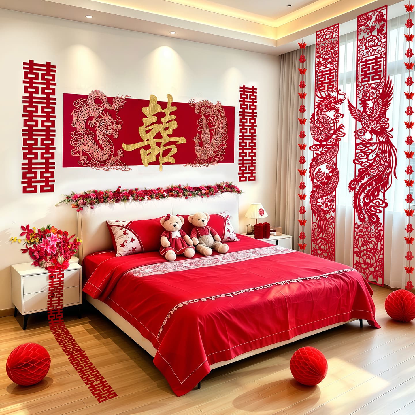 Wedding room decoration set, high-end gold velvet dragon and phoenix double happiness character decoration, new house bedroom wedding supplies