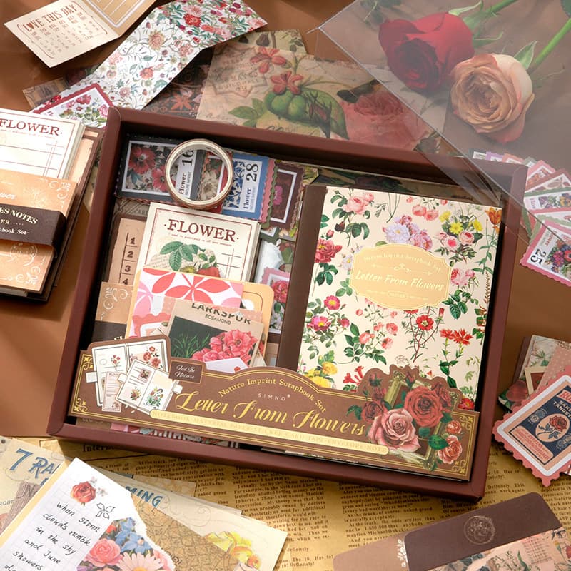 Retro Natural Imprint Series Warmly Sending Journal Gift Box, INS Floral Romantic English Sticker Material Set, Cross-border