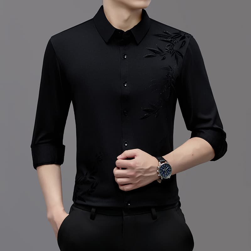 Middle-Aged Men's Printed Long-Sleeved Shirts Autum New Men's Business Ice Silk Half-Sleeved Shirts Dad Tops