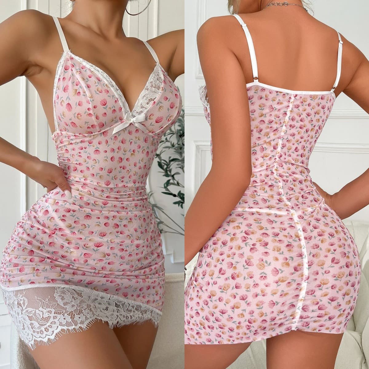 Sexy Sheer Mesh Print Bodycon Lingerie Nightgown for Women