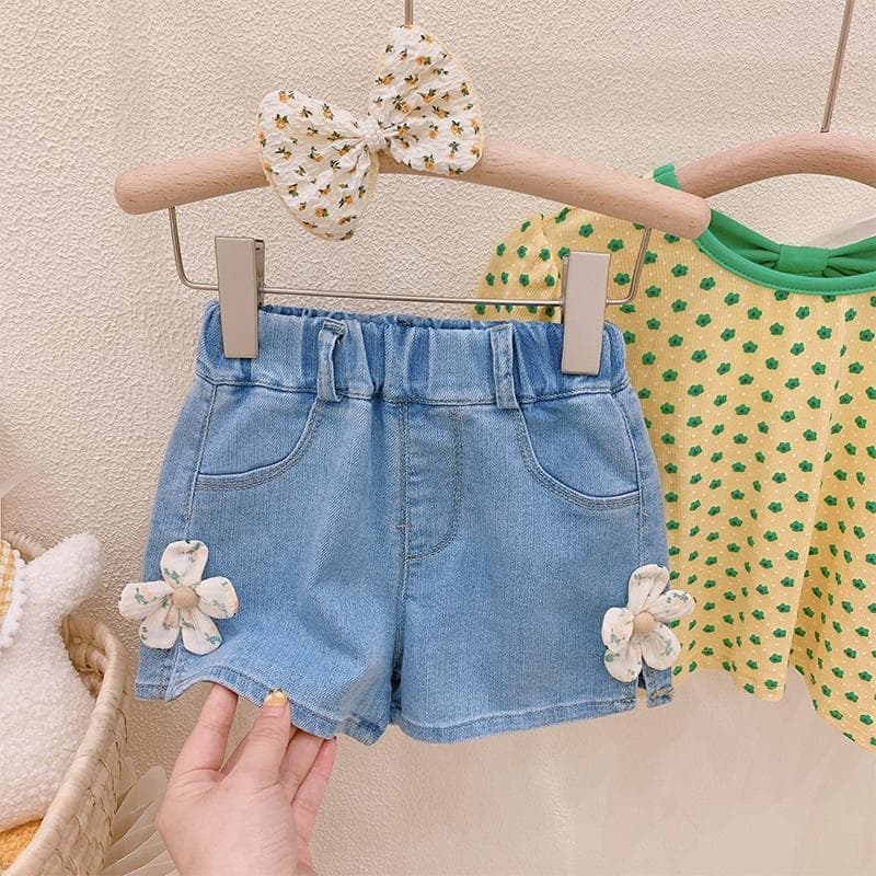 New Summer Baby Girls' Sweet Shorts, Lace Trim Floral Thin Denim Hot Pants for Toddlers and Young Children
