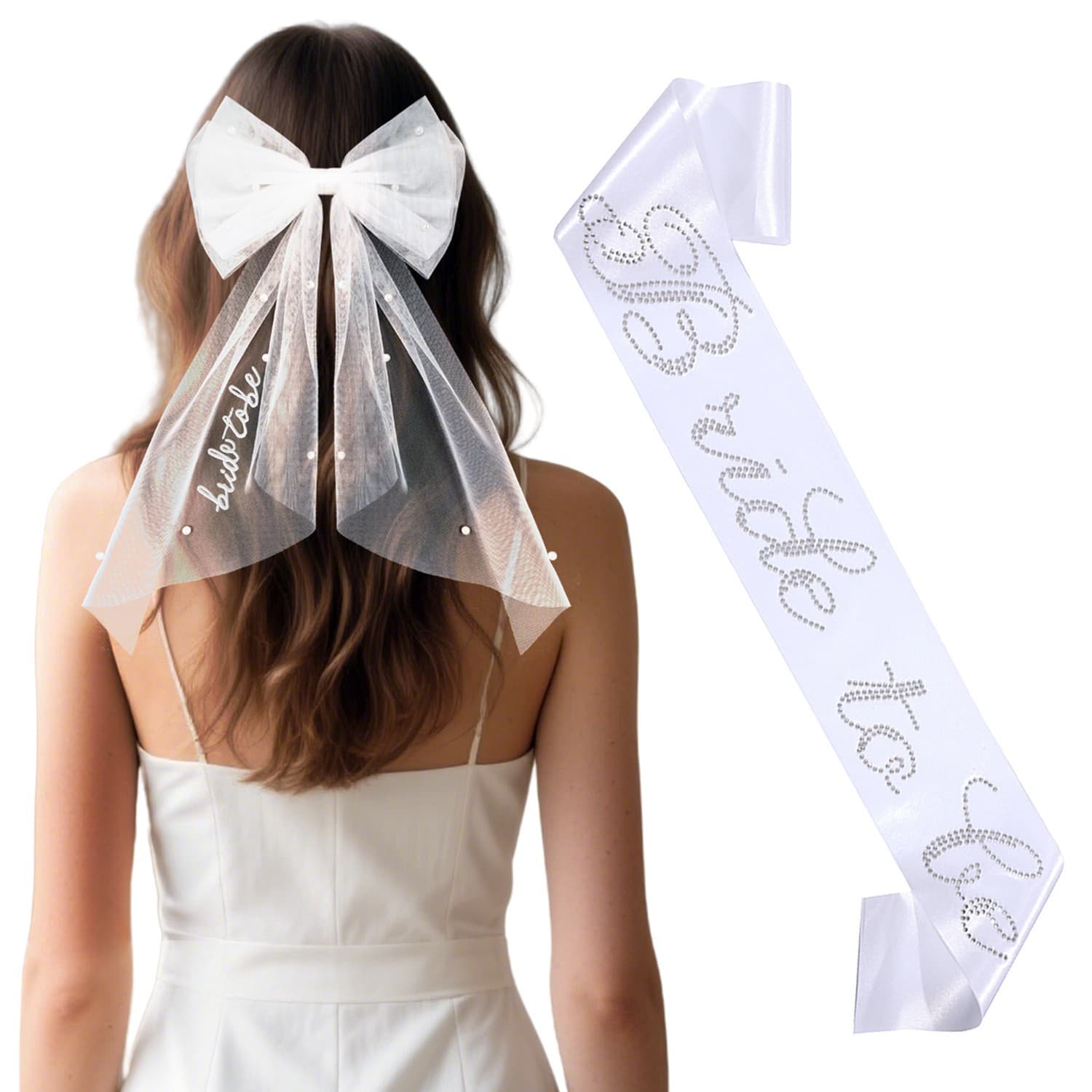 Cross-border European and American fashion bridal bow embroidered hair clip pearl silver foil shoulder strap bachelorette party mesh set
