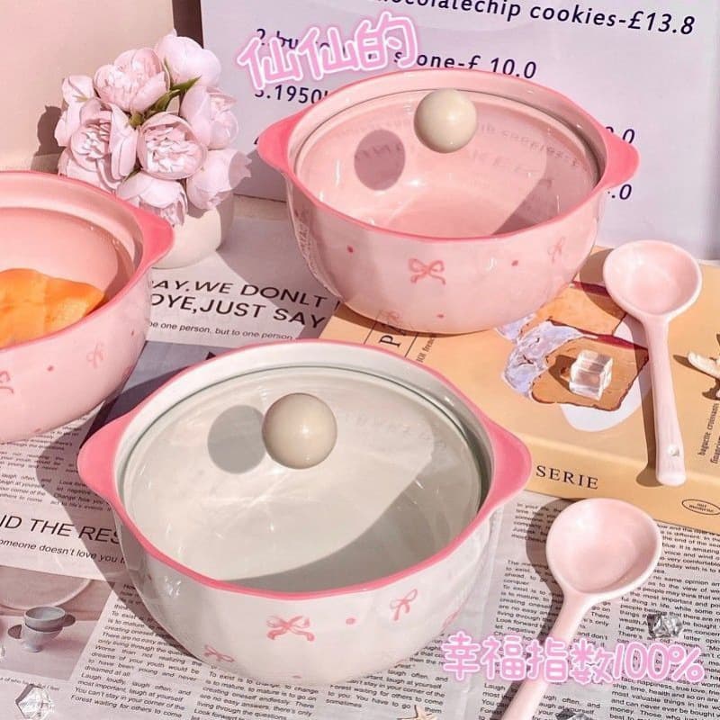 New Fairy-Style Noodle Bowl with Bow, High-Gloss Ceramic, Heat-Resistant, Premium with Lid, Girly Luosifen Bowl