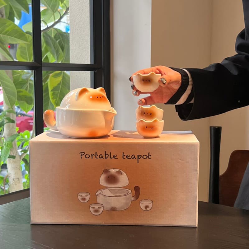 Siamese Cat Tea Set Home Cute Portable Tea Cup Set Office Worker Outdoor Camping Style Tea Kettle for One Person to Drink
