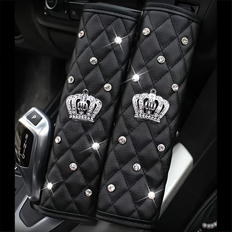 Pair of Leather Studded Crown Car Seatbelt Shoulder Pads with Rhinestones, Pu Leather Style, Four-Piece Set, Universal, Cross-Border Hot Item
