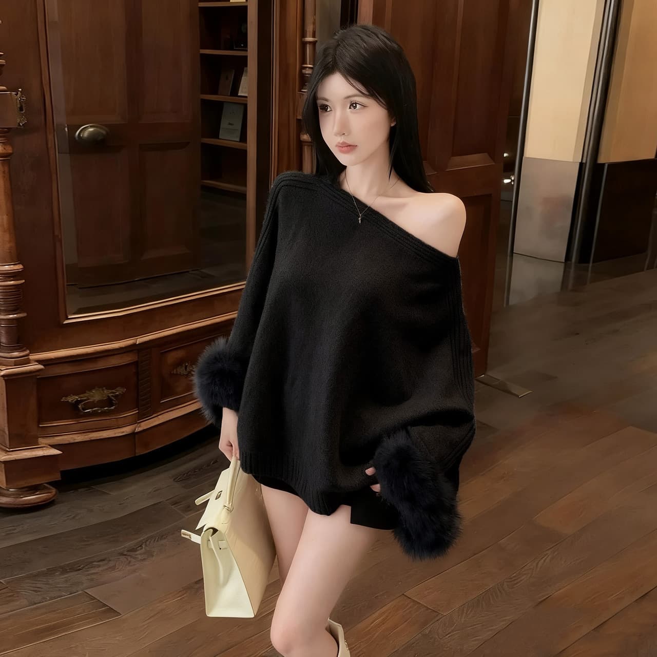 3910 Women's Irregular Patchwork Feather Long Sleeve Off-Shoulder Sweater Loose Knit Top