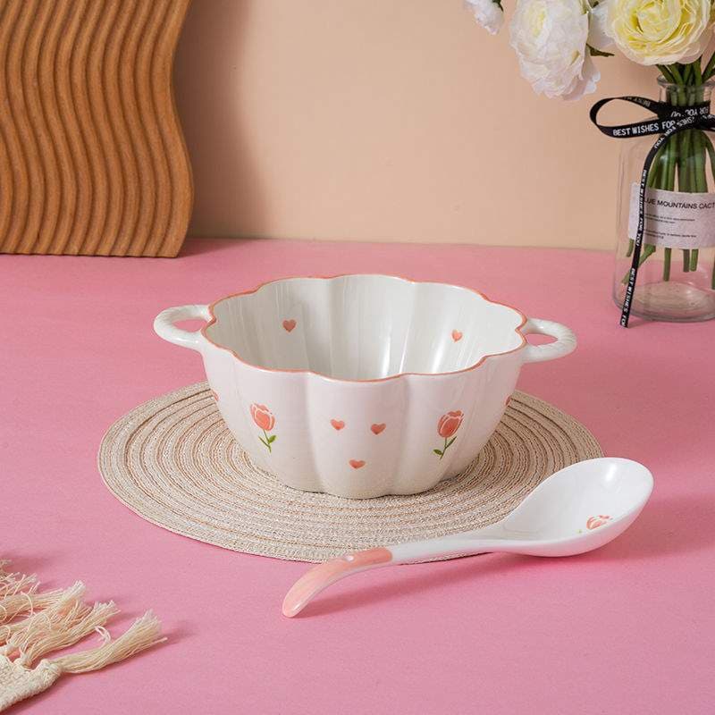 Tulip-shaped double-eared large soup bowl, 2L, suitable for home use, including bowls for pickled cabbage, boiled fish, snail rice noodles, and instant noodles.