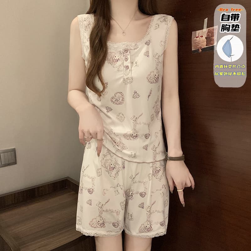 2025 New Cute Pajamas with Padded Bra, Women's Summer Ice Silk Ribbed Sweet Homewear Set