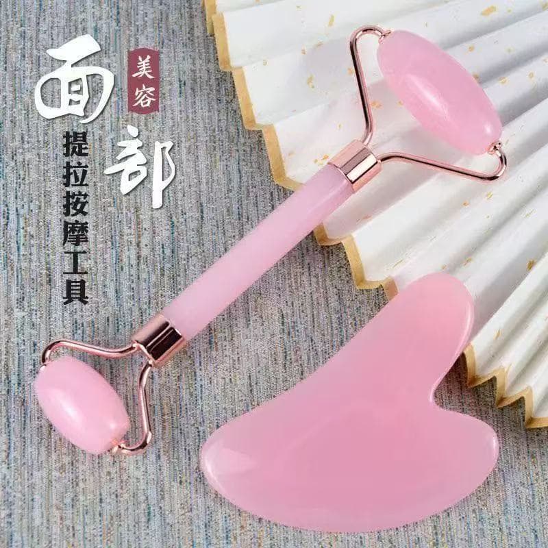 Heart-Shaped Rose Quartz Roller Massager Board Set Jade Facial Facial Beauty Board Double-Headed Roller Massager