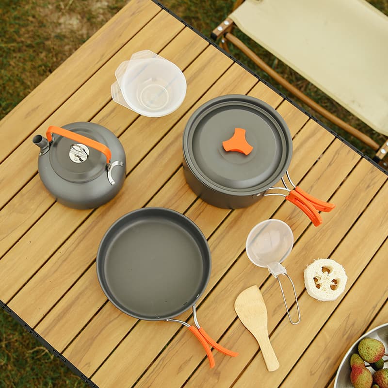 Outdoor Cookware Set for 2-3 People Camping Cookware with Kettle BBQ Non-Stick Pot Set Camping Tableware 308 Cookware Set
