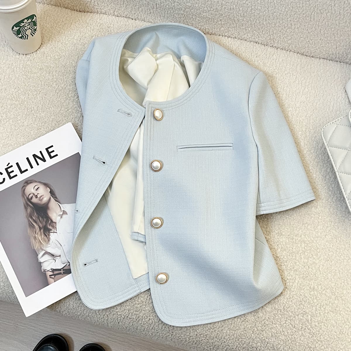 Sky Blue Little Chanel Style Short-Sleeve Blazer for Women 2026 Summer New Arrival Elegant Socialite High-End French Top