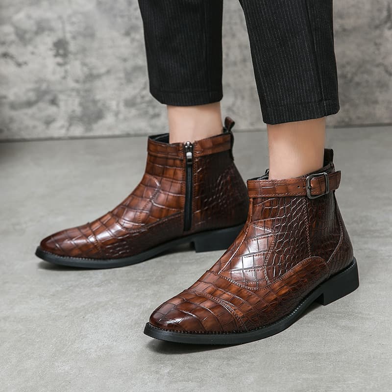 Cross-Border Autumn Winter Plus Size Men's Leather Boots New Crocodile Print Short Boots European American Trendy High Top Shoes