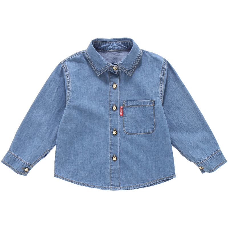 Children's shirt, toddler solid color collared denim shirt, thin style, boys' casual long-sleeved denim shirt wholesale.