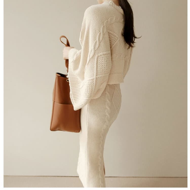 Korean Loose Bell Sleeve Knit and Slit Skirt Set Women's Fall Winter