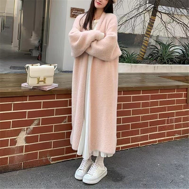 Mink-like Long Cardigan Sweater for Women, Over-the-Knee, Autumn/Winter New Style, Loose Fit, Thick Knit Coat