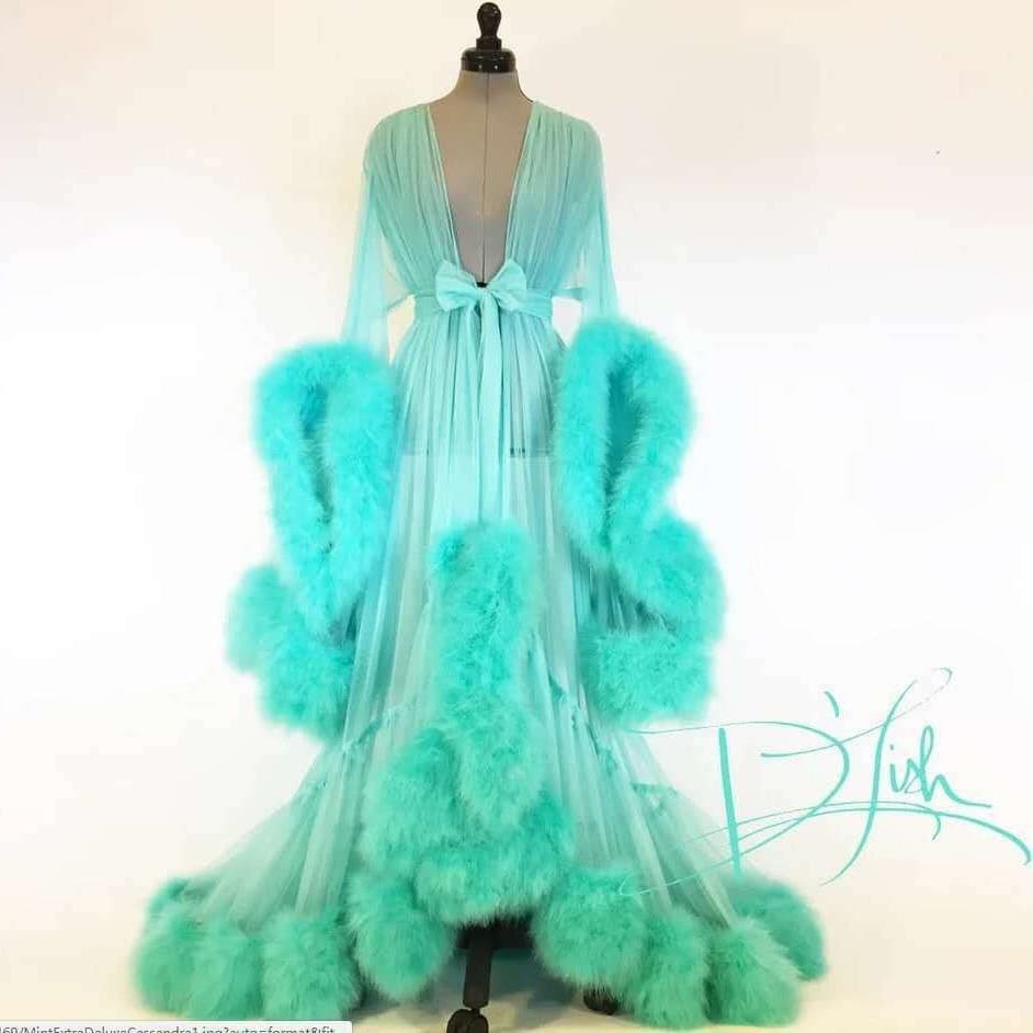 Sexy Lingerie for Women Feather Flared Sleeve Trailing Long Dress Faux Rabbit Fur Lingerie Nightgown See-Through Temptation Set
