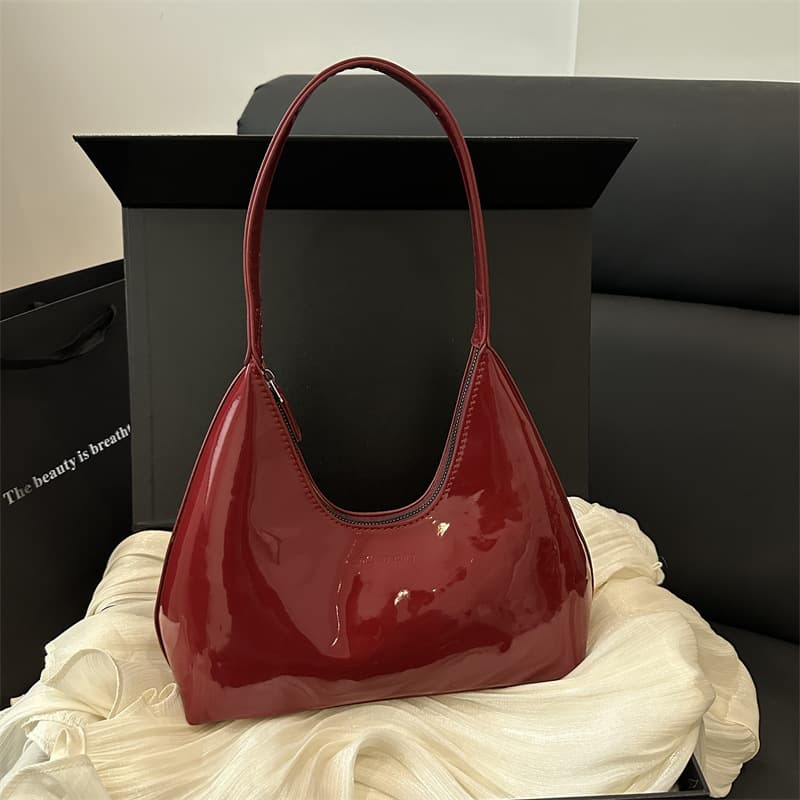 Korean-style patent leather handbag for women, baguette crescent shoulder bag, fashionable top-handle bag, textured trendy underarm bag