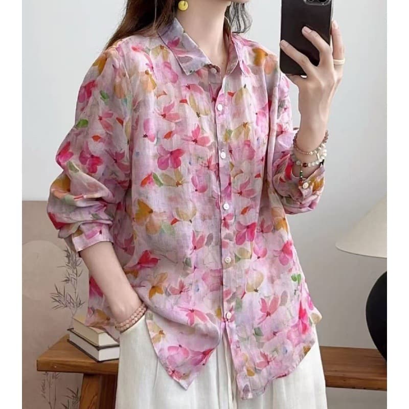 Spring Autumn Macaron Color Ramie Floral Shirt Loose Versatile Thin Printed Blouse Women 9 Colors