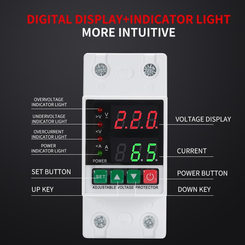Self-resetting digital display over/under voltage protector, automatic reset 220V voltage protection switch, 40 63A, available for export.