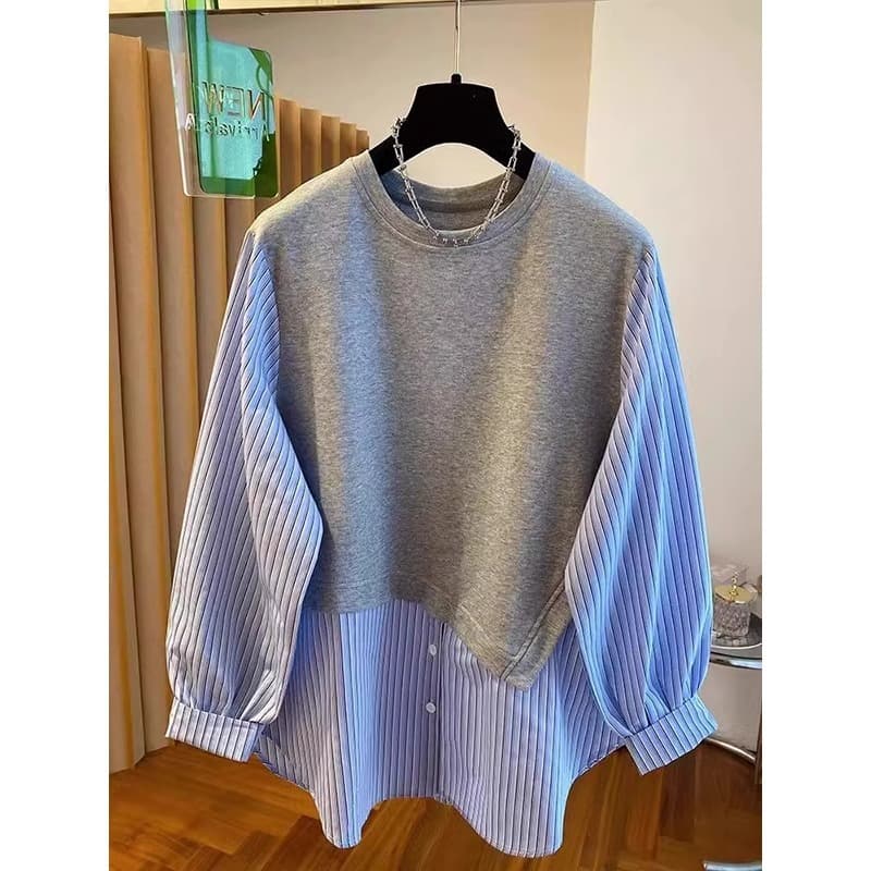 Original Craftsmanship Design Two-Piece Striped Sweatshirt Women Fall Plus Size Slim Fit Regular Shoulder Loose Mid-Length