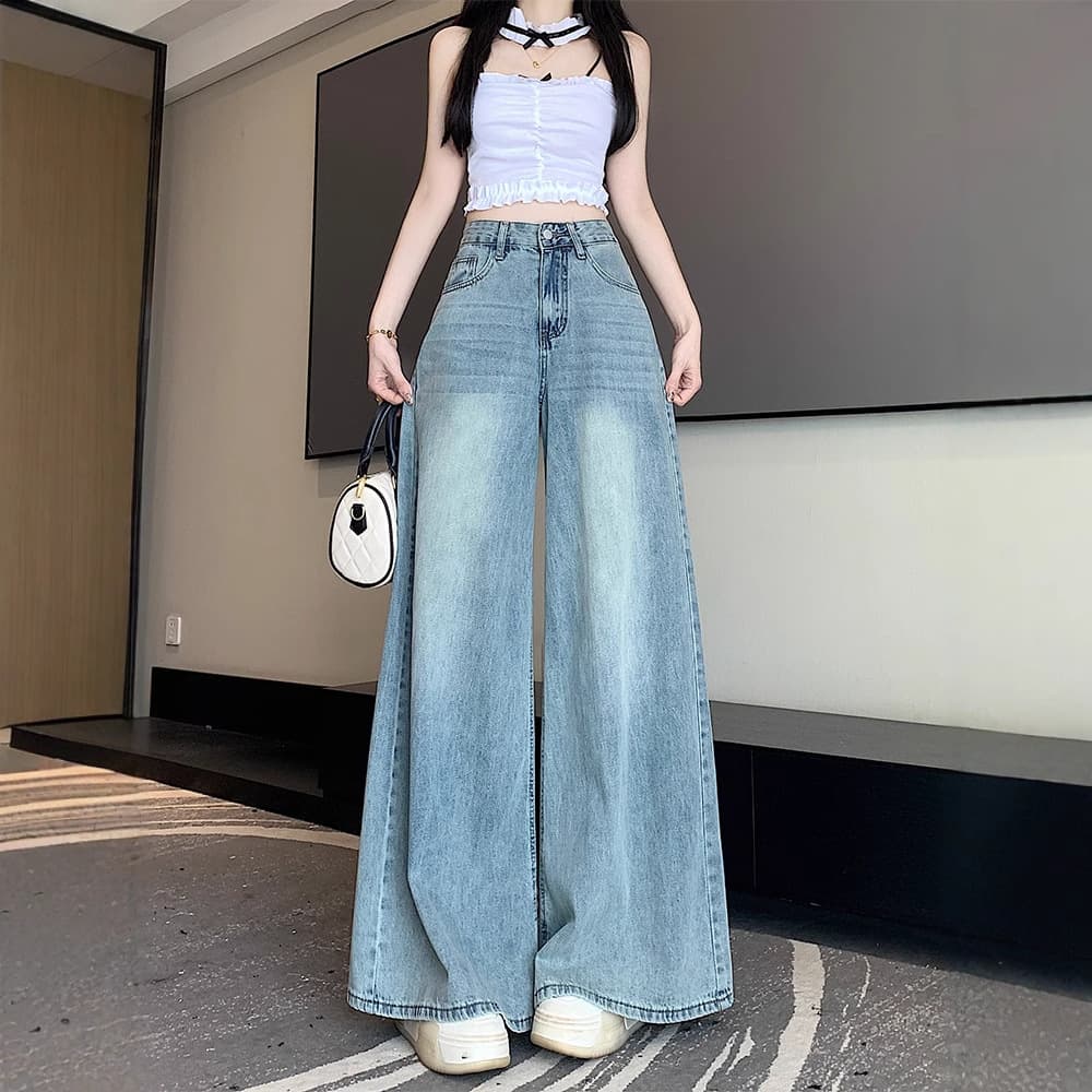 Spring Light Blue Wide-Leg Jeans for Women 2025 Plus Size High-Waist Slimming Flowy Loose Straight-Leg Floor-Length Pants