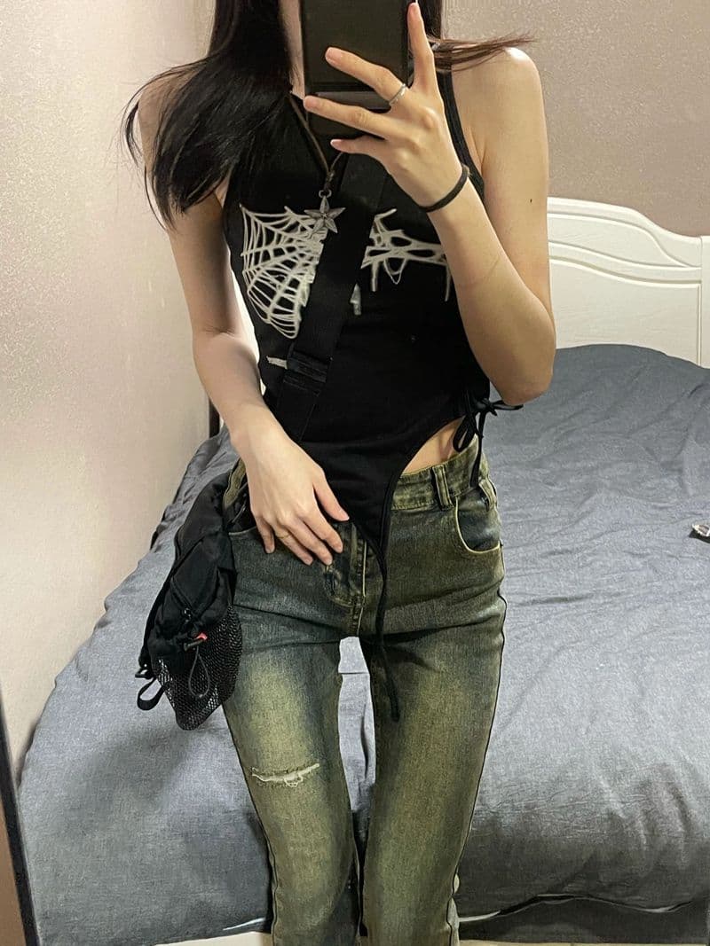 260g Rayon Modal Spicy Girl Lace-Up Vest, Punk Style Sleeveless Crop Top