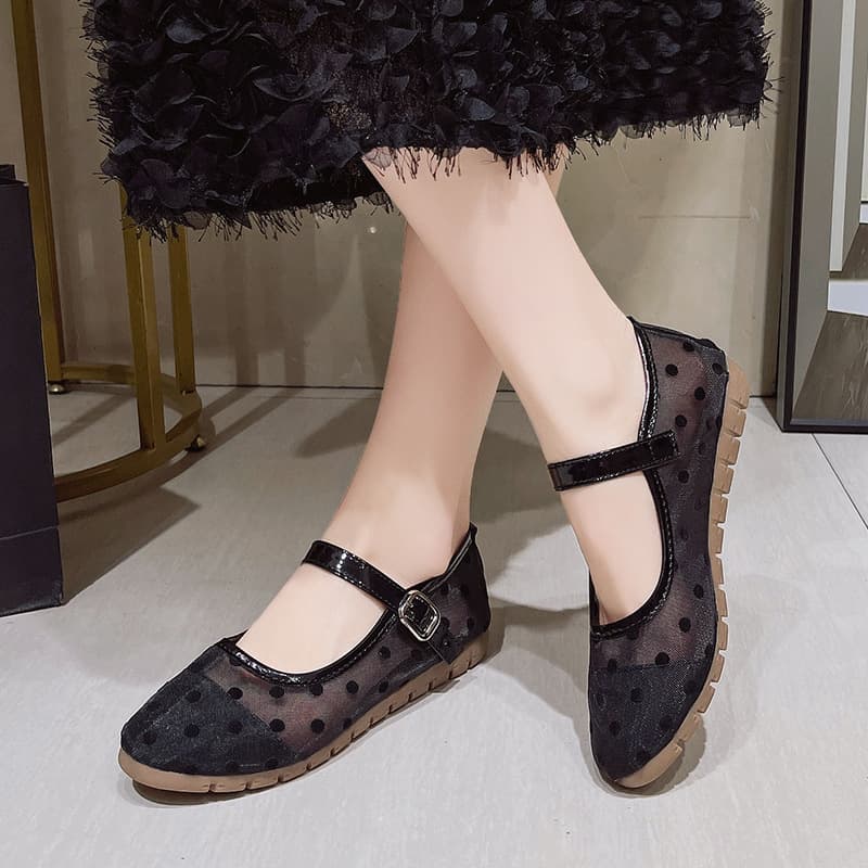 French-Style Chanel-Inspired Mesh Polka Dot Mary Jane Shoes for Women, 2026 Summer New Shallow Round-Toe Ballet Flats