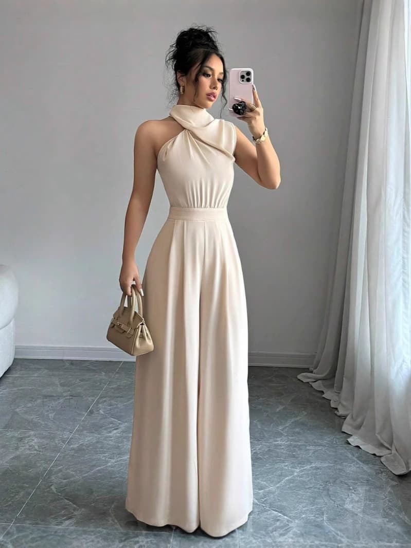 2025 New European and American Style Wish Amazon Beige Halter Neck Sleeveless Fitted Waist Wide Leg Jumpsuit Cross-border Style