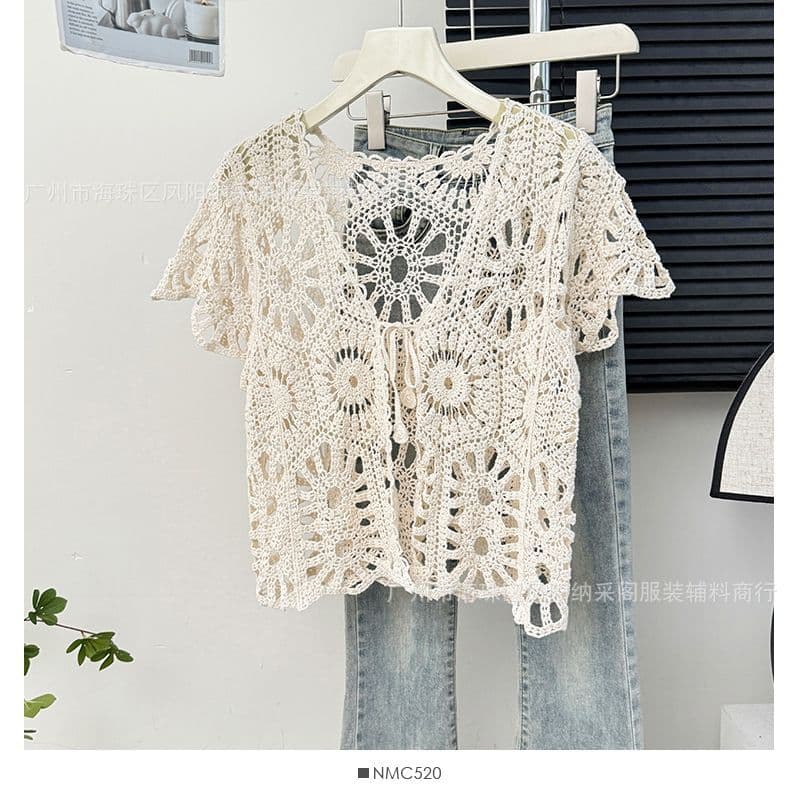 Bohemian Ethnic Style Cut Out Hook Pattern V Neck Lace-Up Sun Protection Cardigan Women's Summer Vacation Style Niche Air-Conditioned Blouse