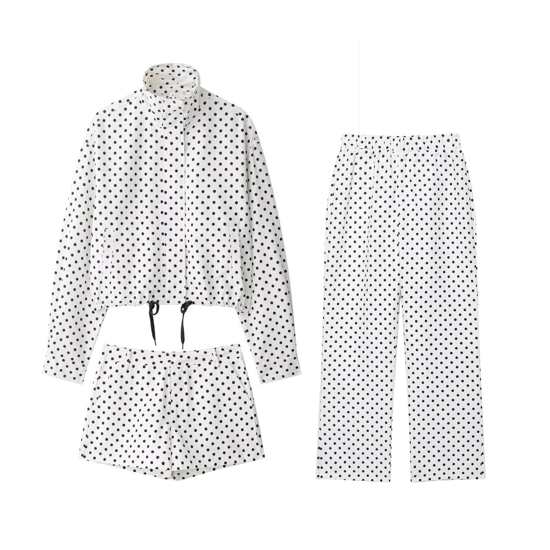 Cross-Border European and American Women's Clothing Aliexpress Hot-Selling Fashion Polka Dot Bubble Gauze Jacket + Mini Shorts + Flared Pants Set