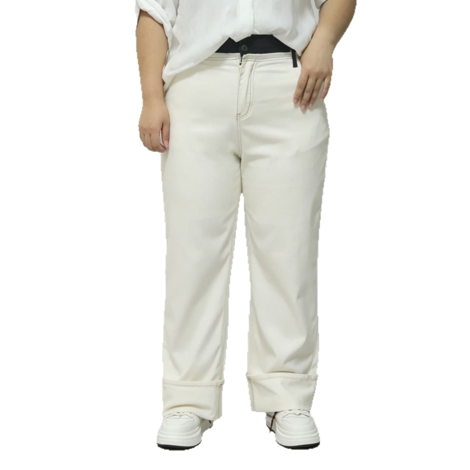 2026 Summer New Arrival Plus Size Women's Clothing Slim Fit Straight Leg Cuffed Jeans with Ankle Rolls-Up Hem - White Slim Fit Straight Leg Cropped Jeans