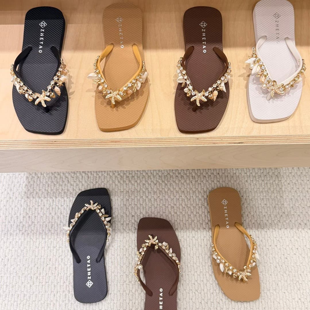 Summer Export New Seashell Rhinestone Flip Flops for Women Fashion Casual Beach Flat Sandals