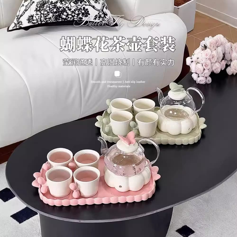 Bowknot Ceramic Tea Set with Teapot and Cups, Elegant Afternoon Tea Fruit Tea Kettle