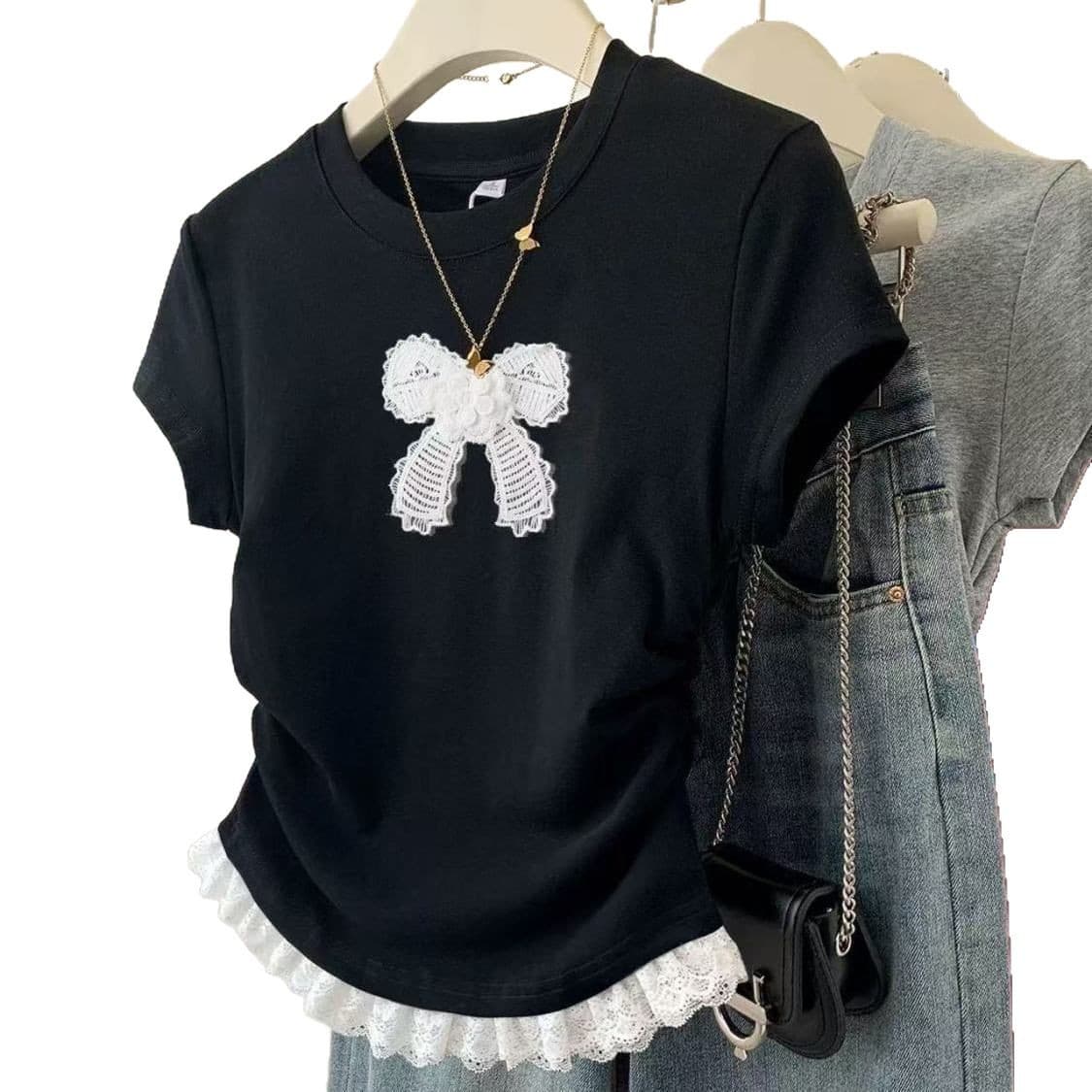 Grey Bow Lace Embroidered Short Sleeve Round Neck Summer New Design Slim-Fit Slimming Short Spice Girl