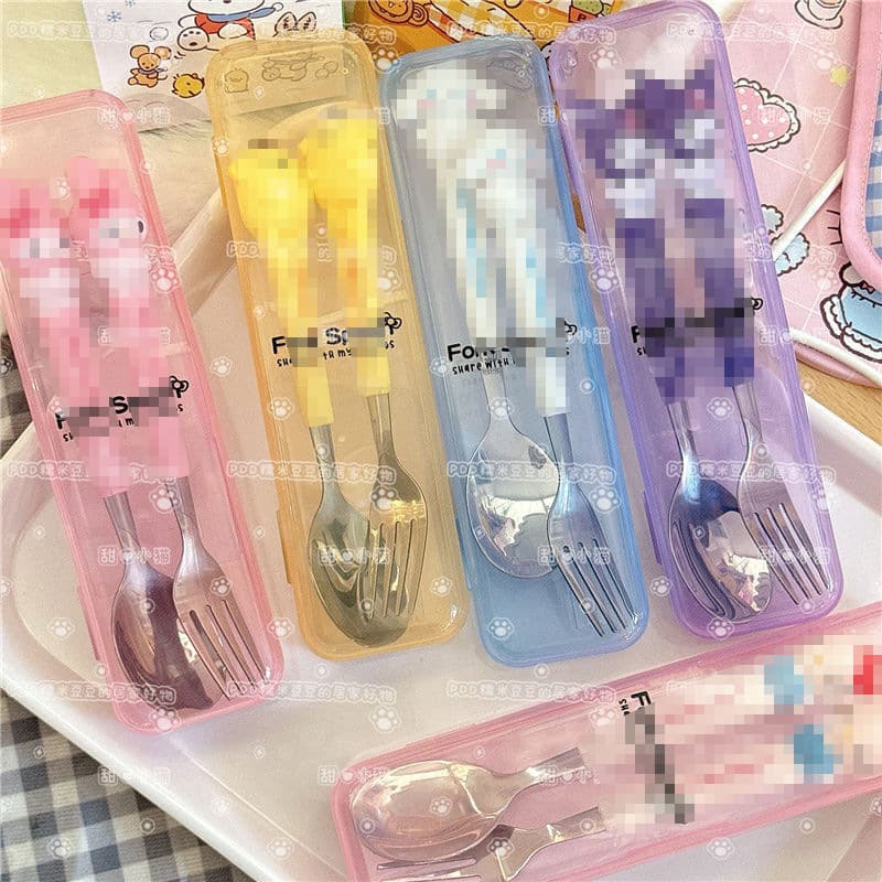 Stainless Steel Portable Cutlery Set, Cute Cartoon Kids Tableware, Student Outdoor Travel Spoon and Fork 2-Piece Set